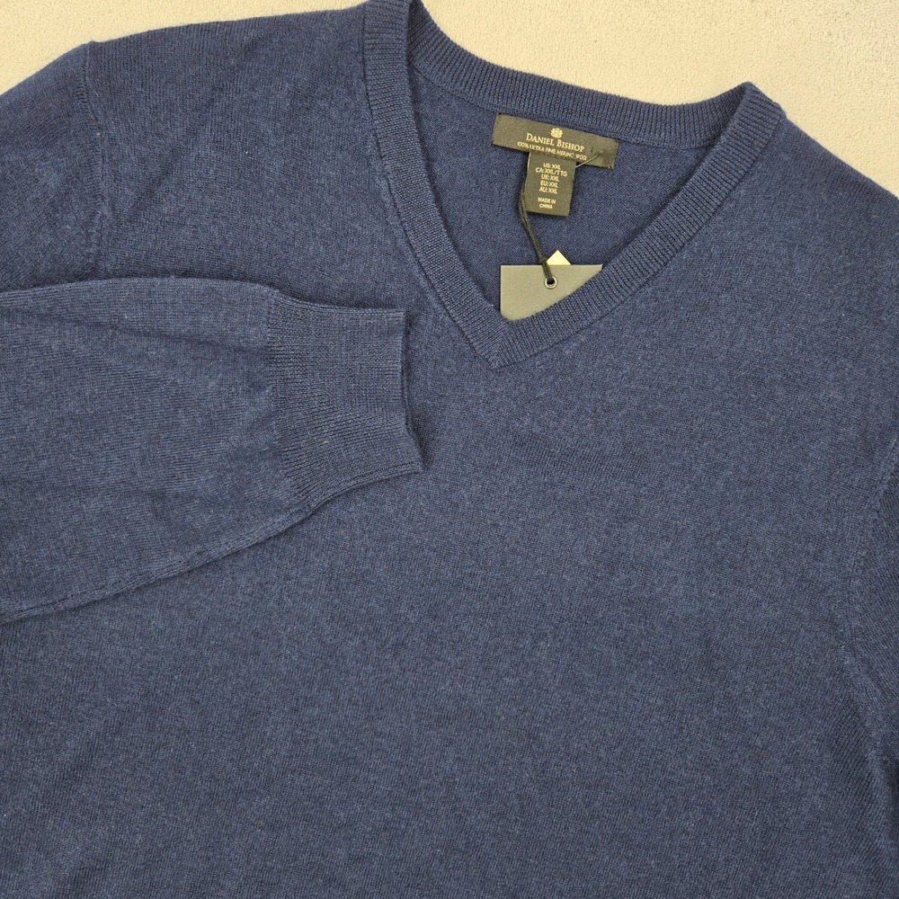 Daniel Bishop Mens NEW XXL V-Neck Sweater Navy Blue Extra Fine Merino Wool Knit